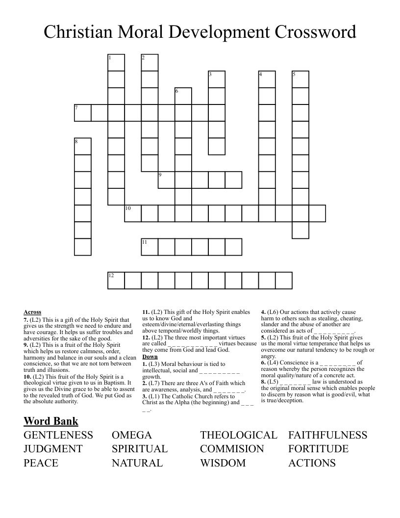 Christian Moral Development Crossword 