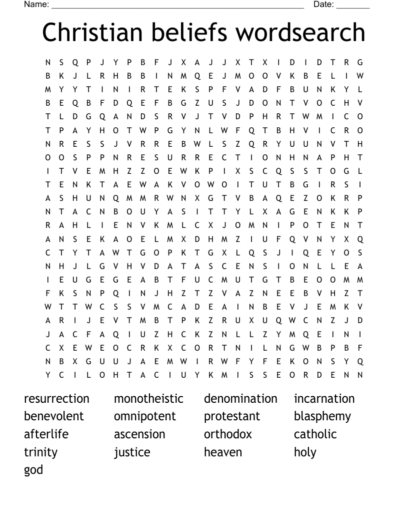 Christian beliefs wordsearch