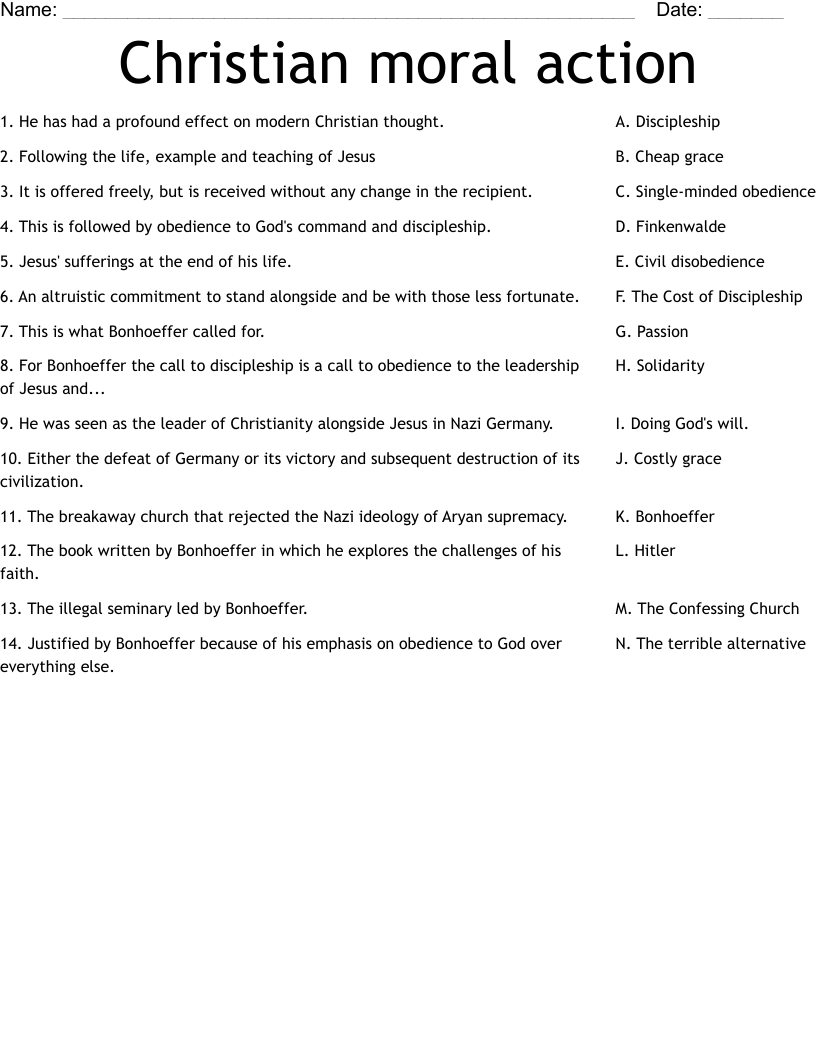 Christian moral action Worksheet