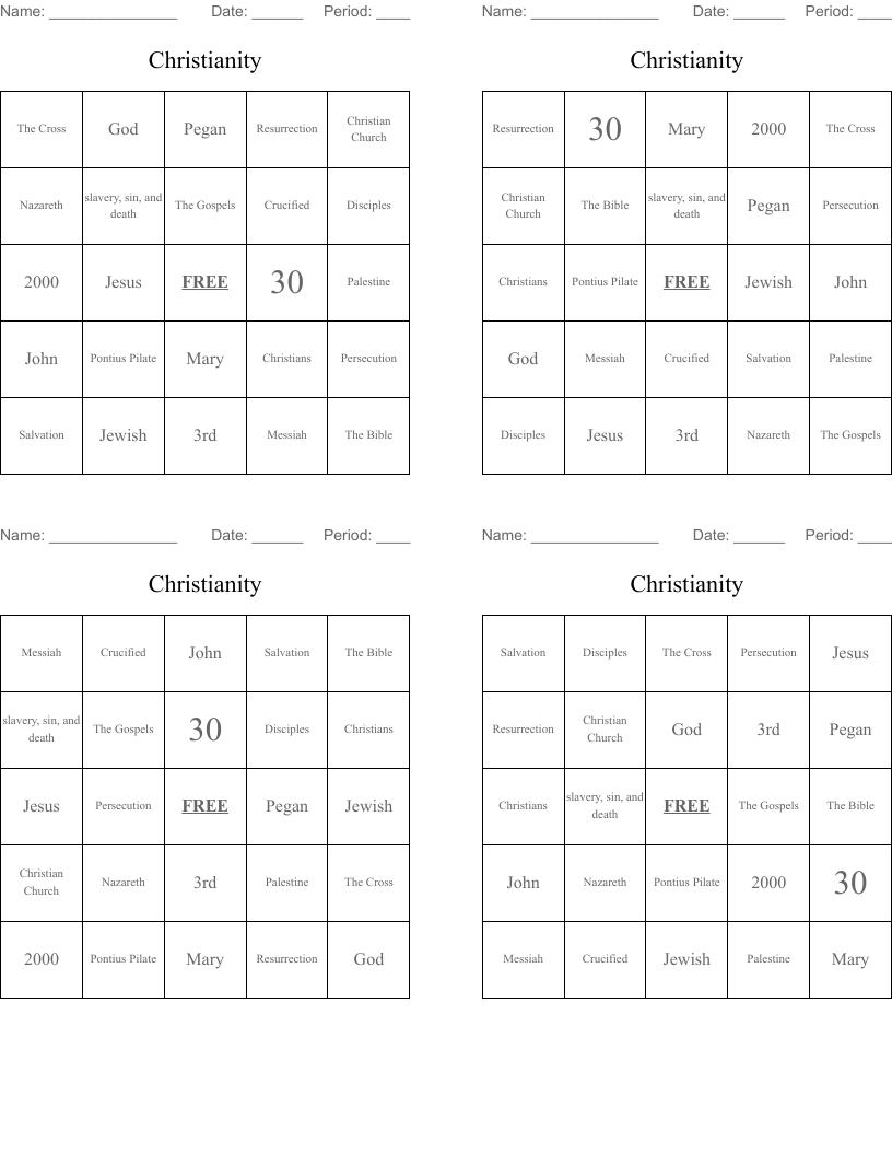 Christianity Bingo Cards