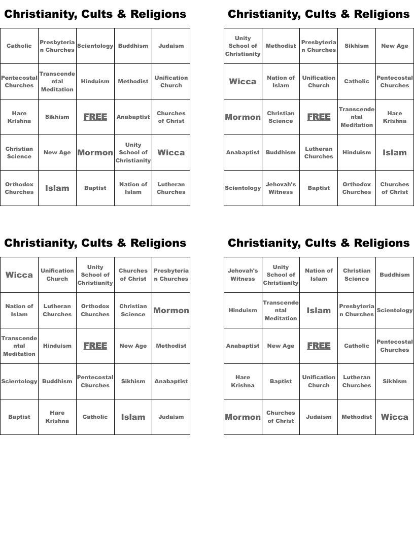 Christianity, Cults & Religions Bingo Cards