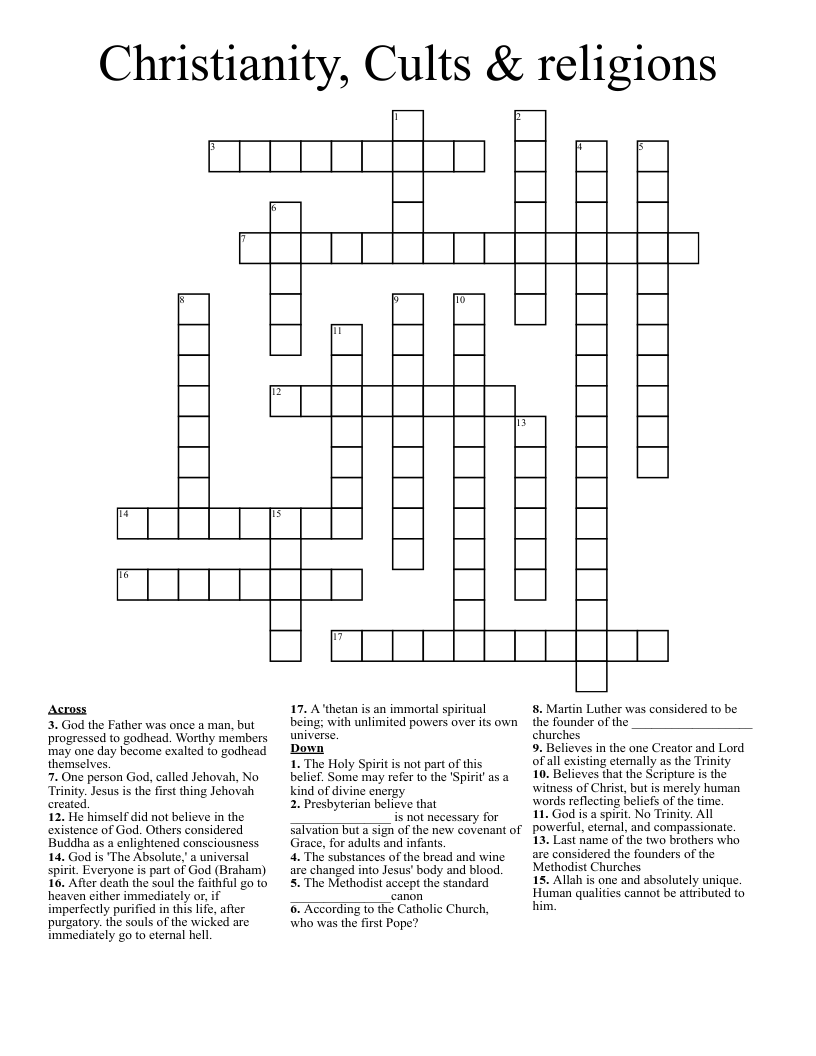 Christianity, Cults & religions Crossword