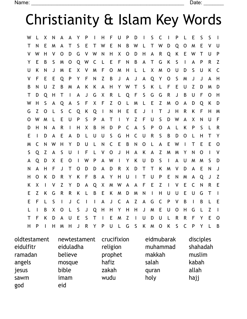 Christianity & Islam Key Words Word Search