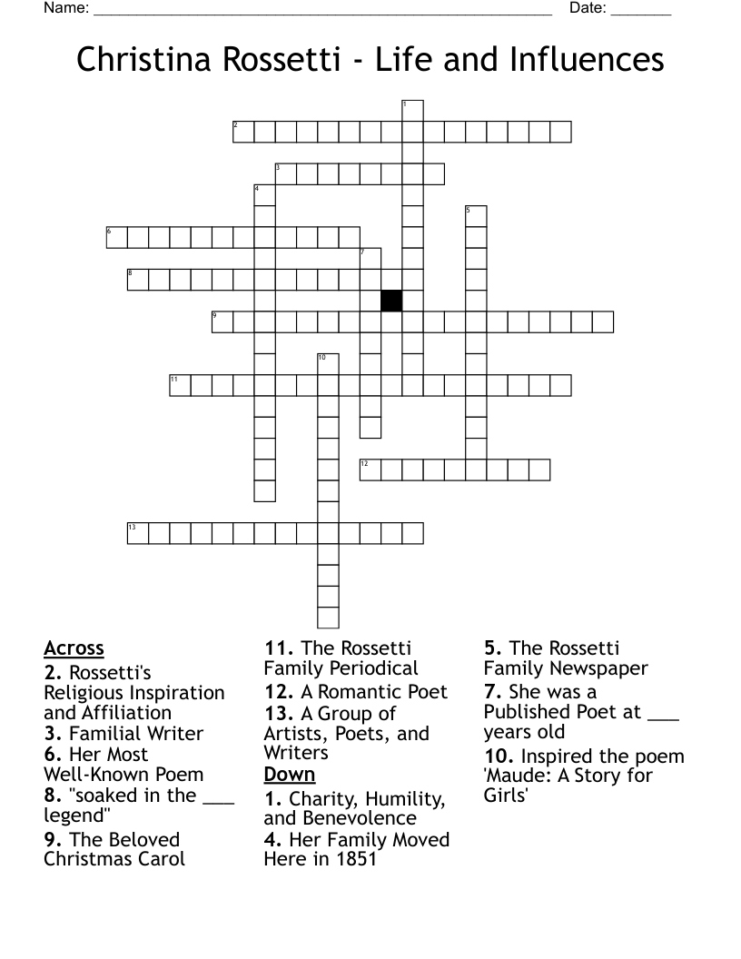 Christina Rossetti - Life and Influences Crossword