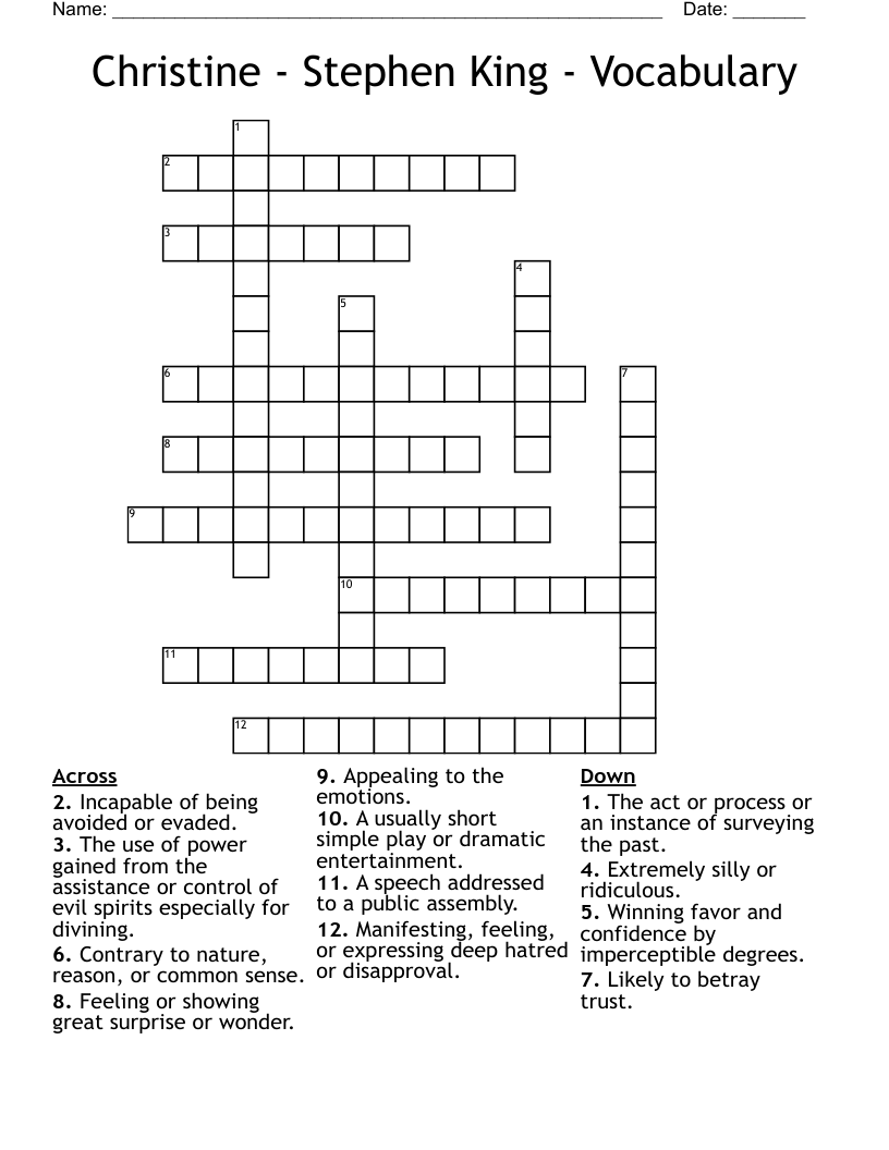 Christine - Stephen King - Vocabulary Crossword