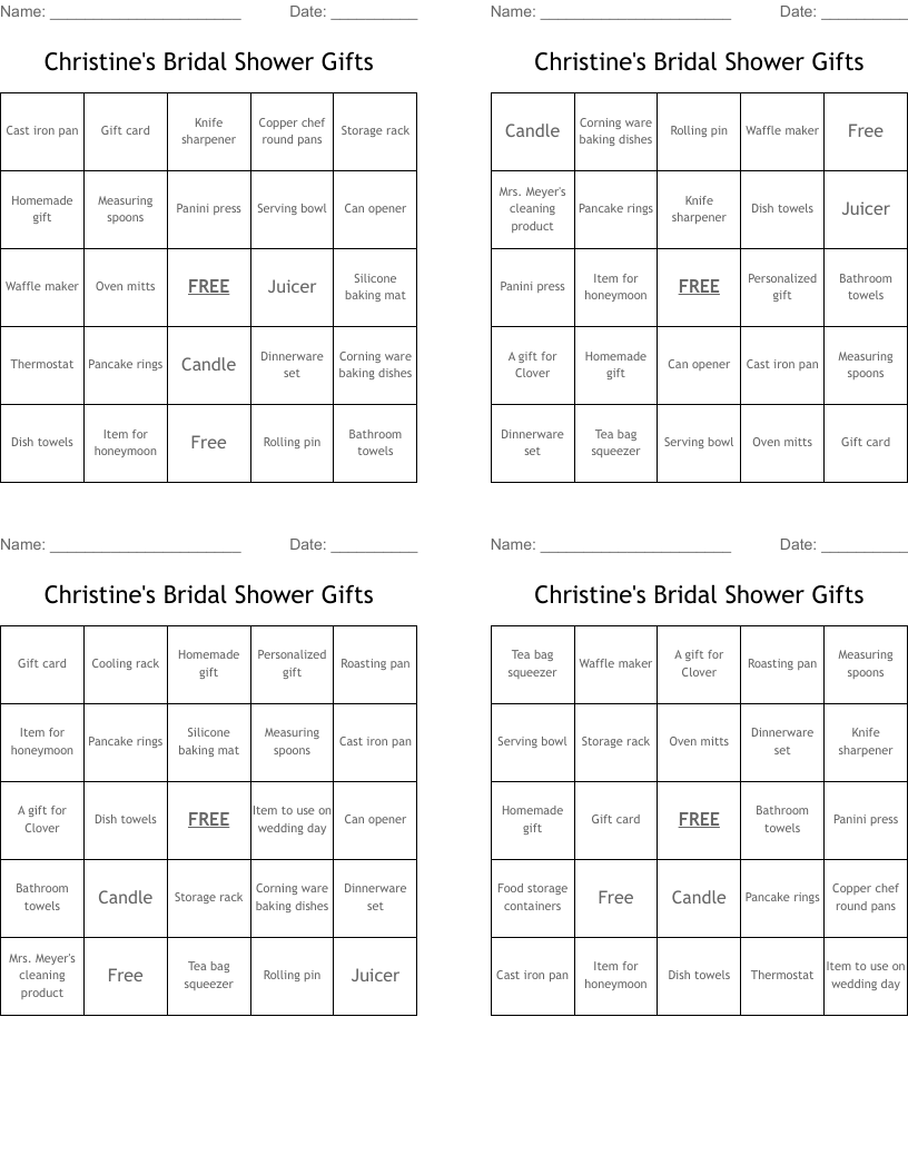 Christine's Bridal Shower Gifts Bingo Cards