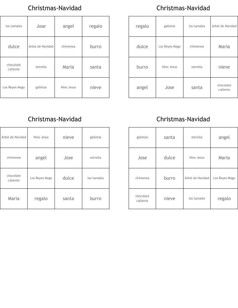 Christmas-Navidad Bingo Cards