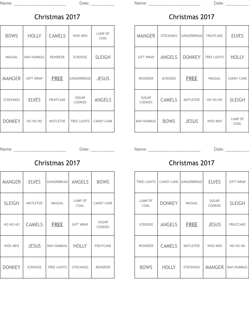 Christmas 2017 Bingo Cards