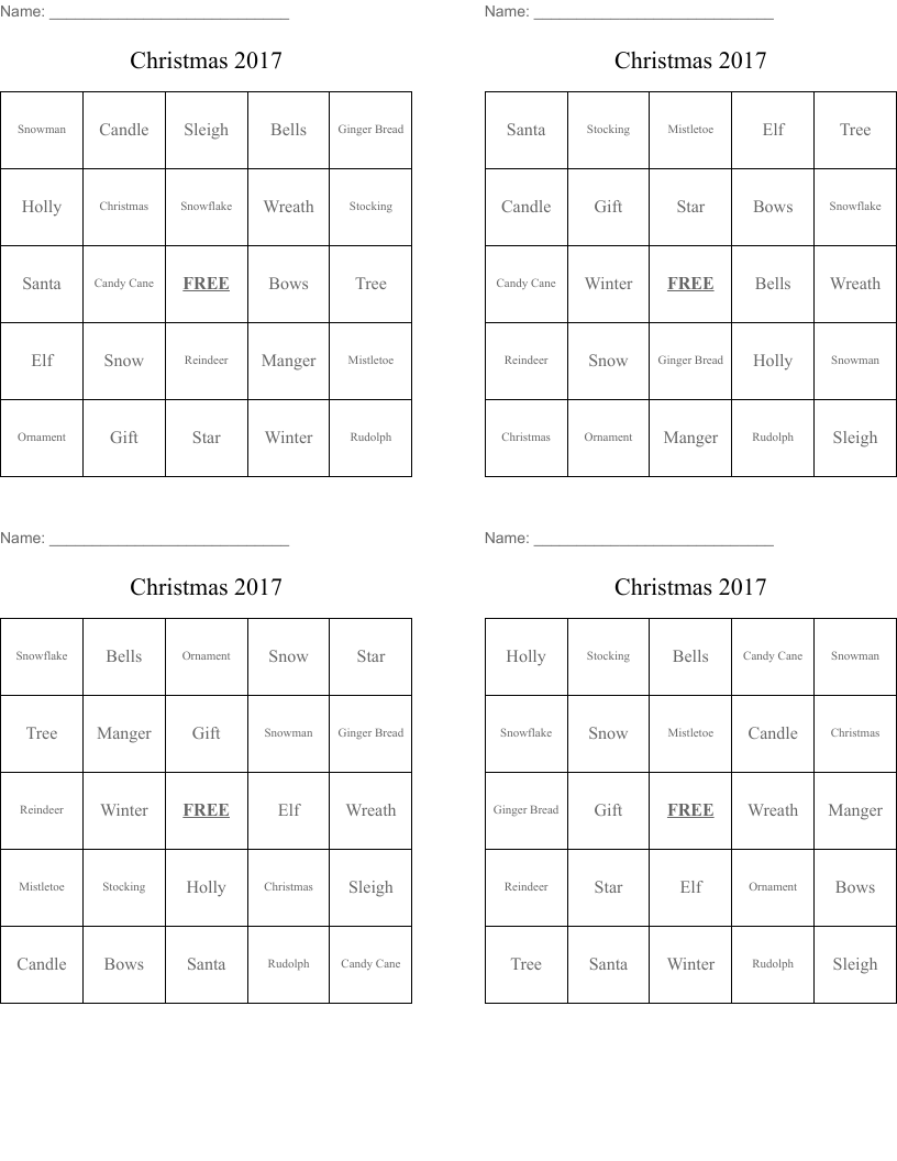 Christmas 2017 Bingo Cards