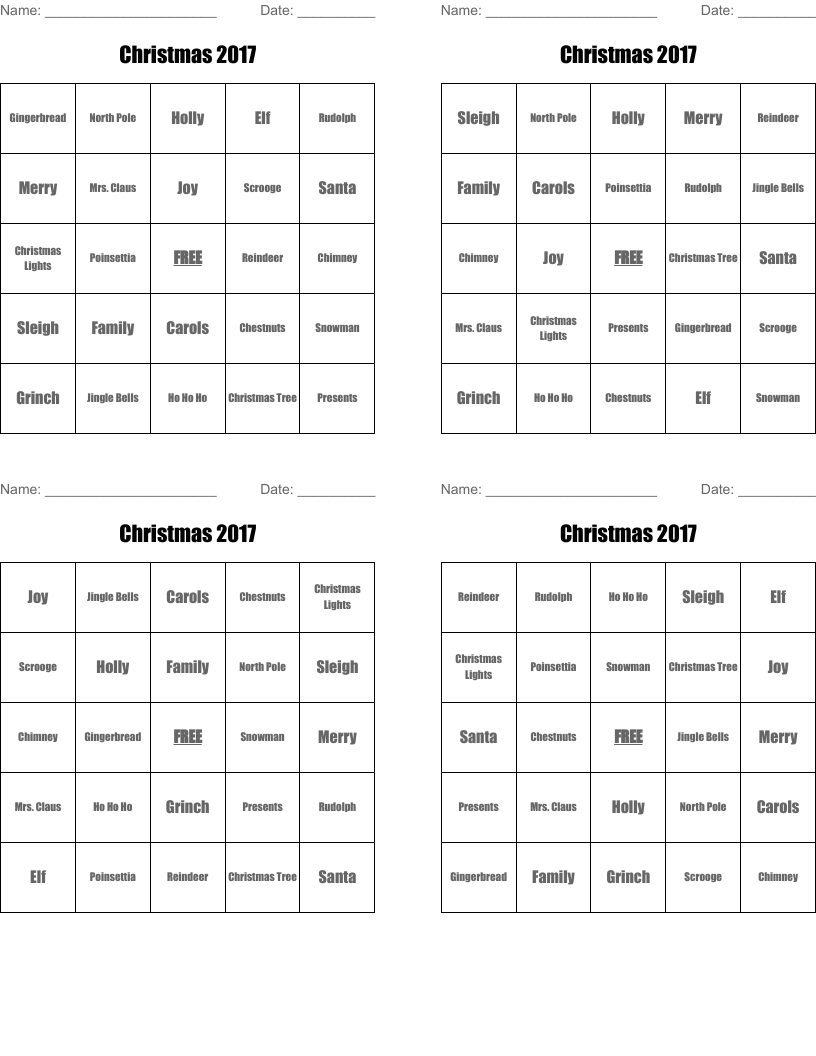Christmas 2017 Bingo Cards