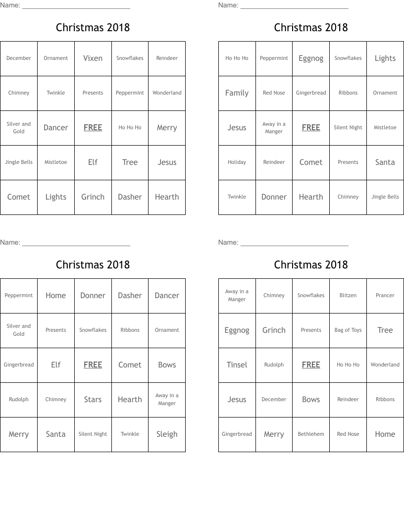 Christmas 2018 Bingo Cards