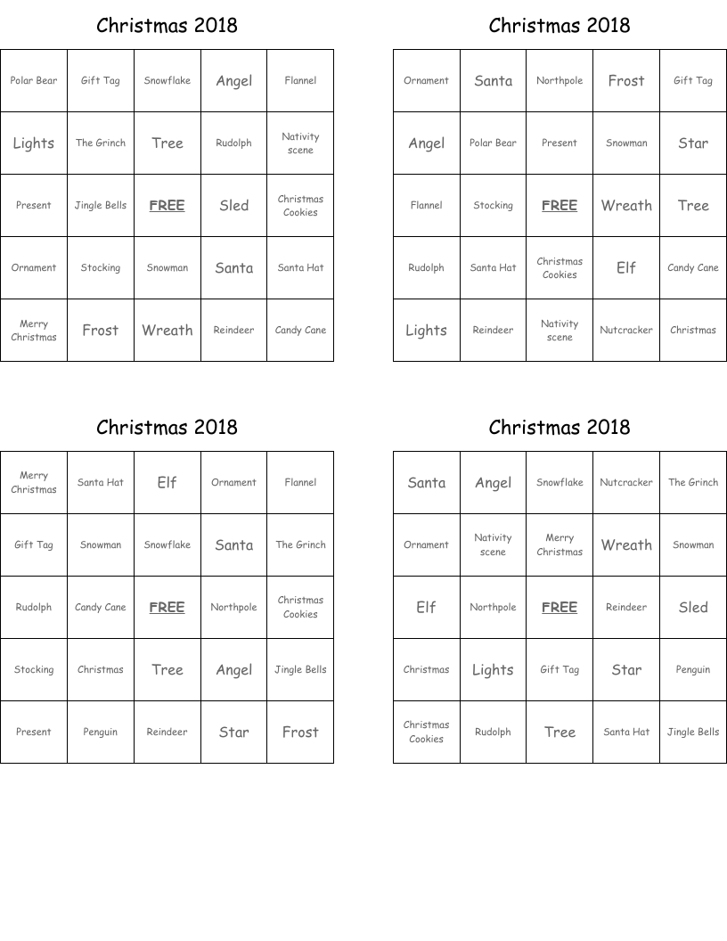 Christmas 2018 Bingo Cards