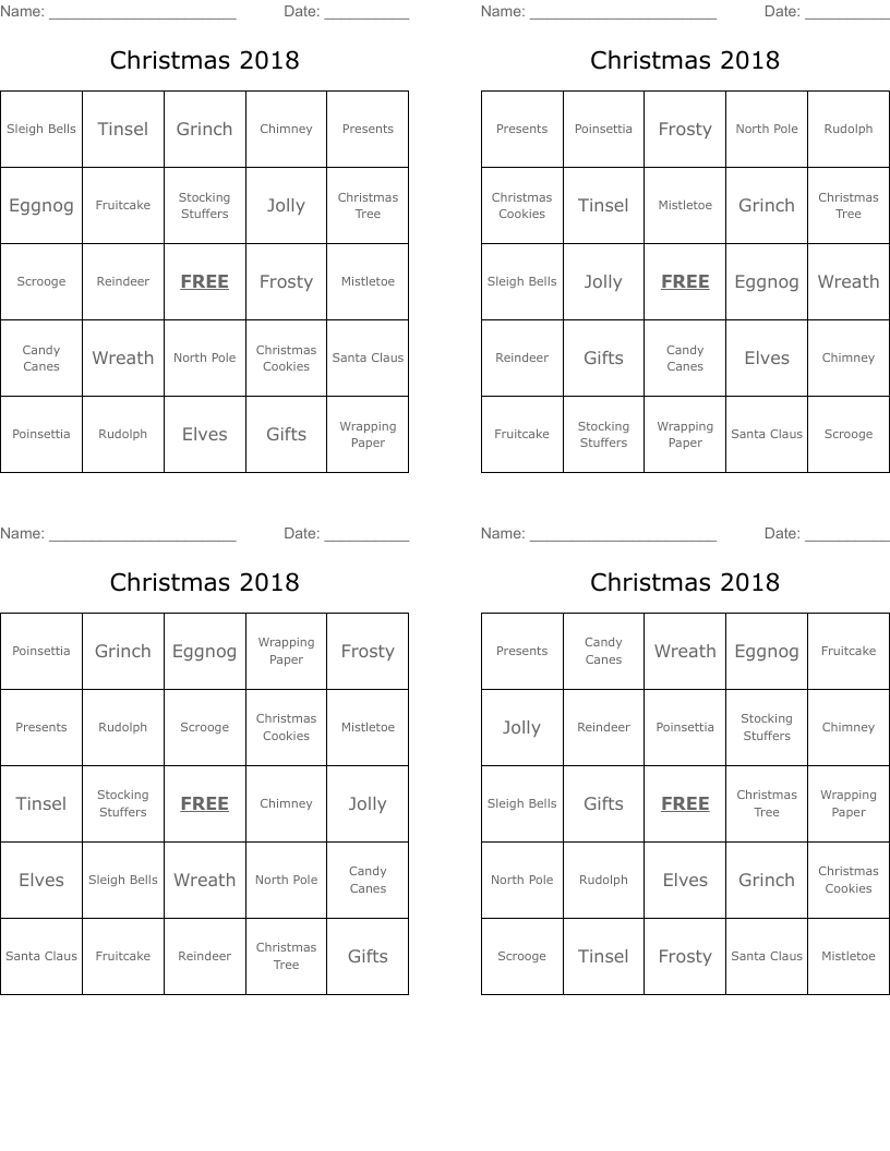 Christmas 2018 Bingo Cards