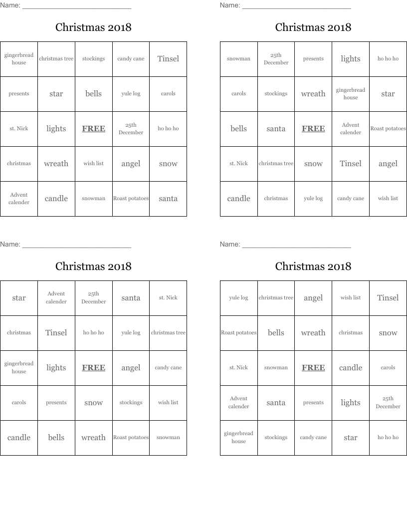 Christmas 2018 Bingo Cards