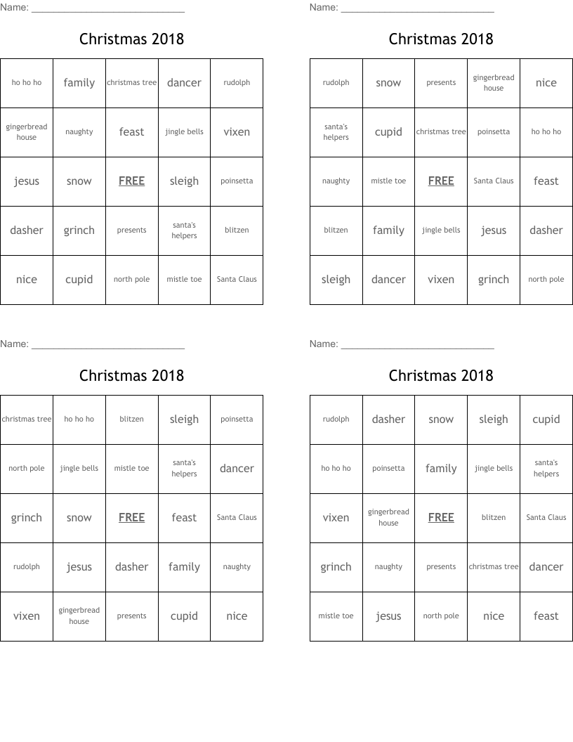 Christmas 2018 Bingo Cards