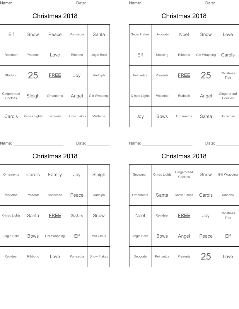 Christmas 2018 Bingo Cards