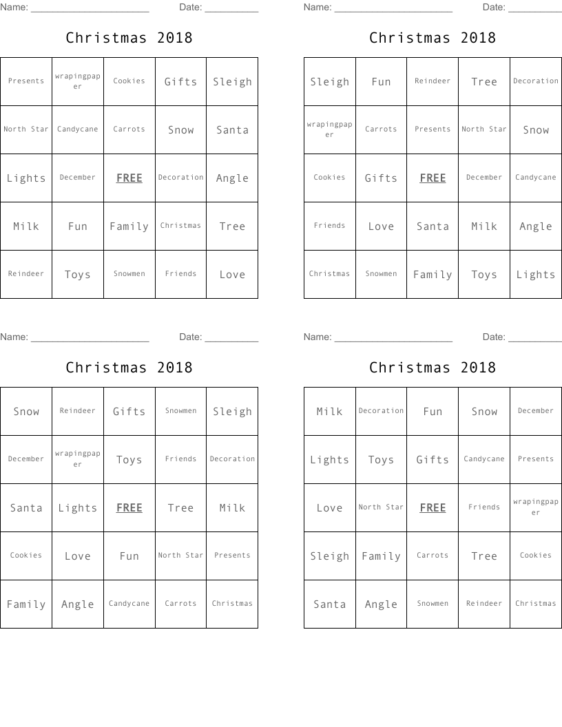 Christmas 2018 Bingo Cards