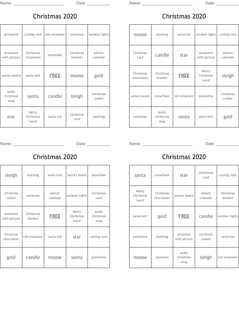 Christmas 2020 Bingo Cards