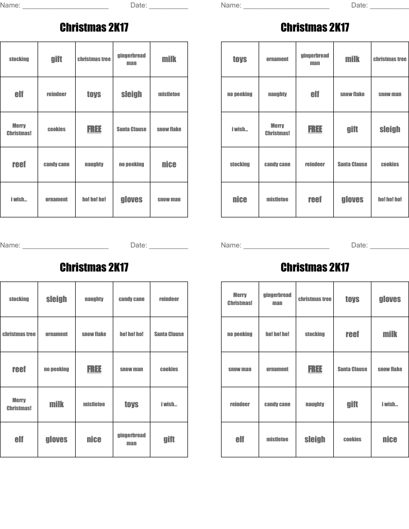 Christmas 2K17 Bingo Cards