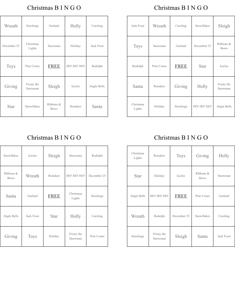 Christmas B I N G O  Bingo Cards
