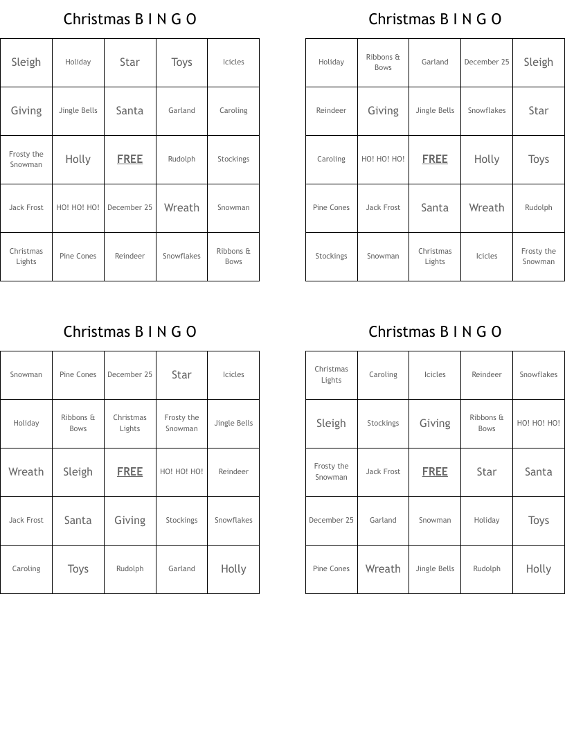 Christmas B I N G O  Bingo Cards