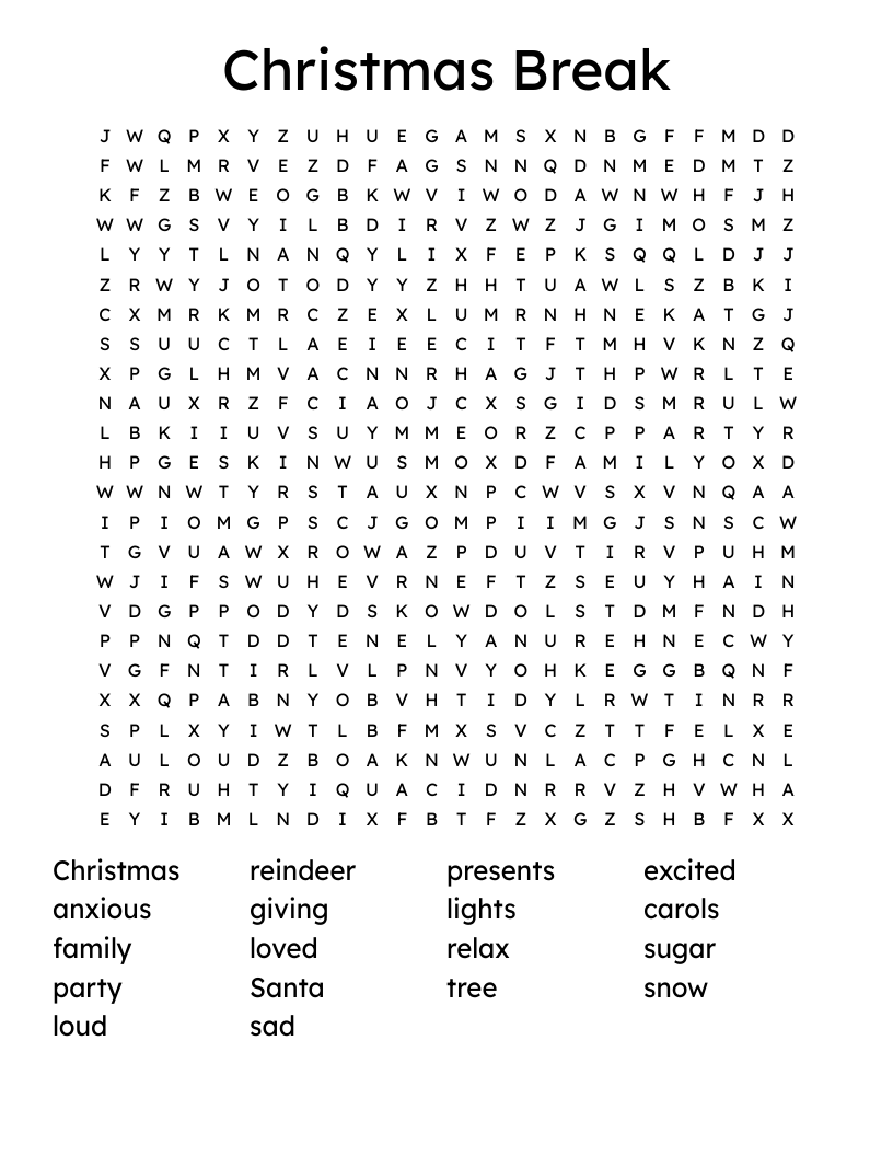 Christmas Break Word Search