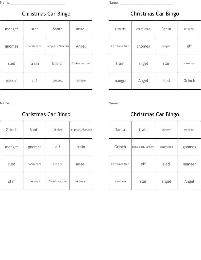 Christmas Car Bingo