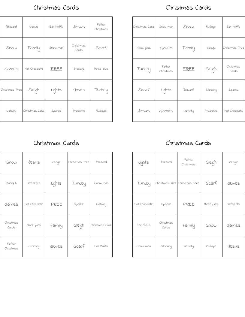 Christmas Cards  Bingo Cards