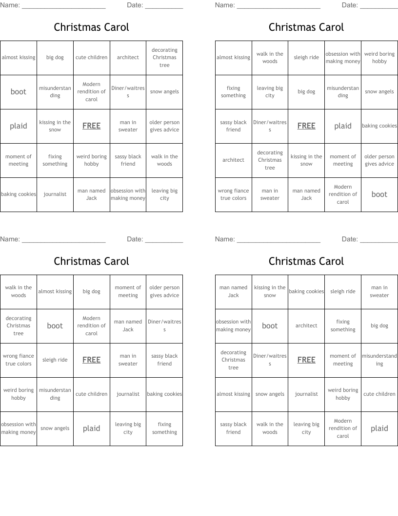 Christmas Carol Bingo Cards