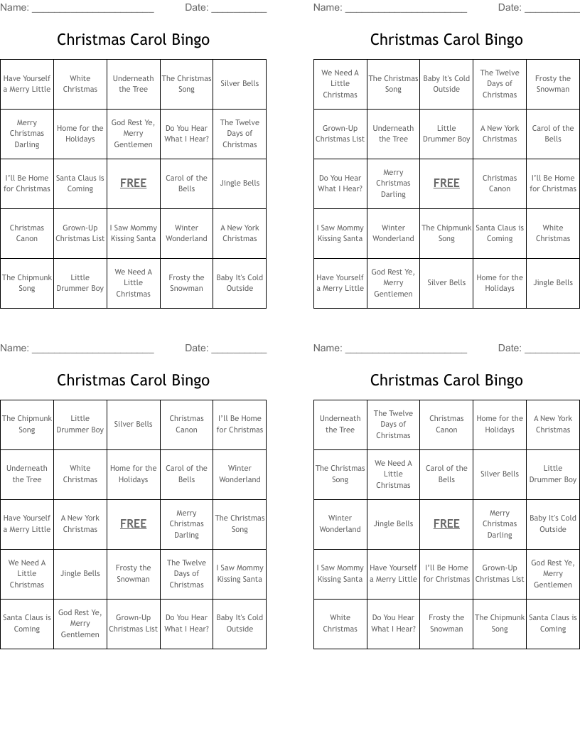 Christmas Carol Bingo 