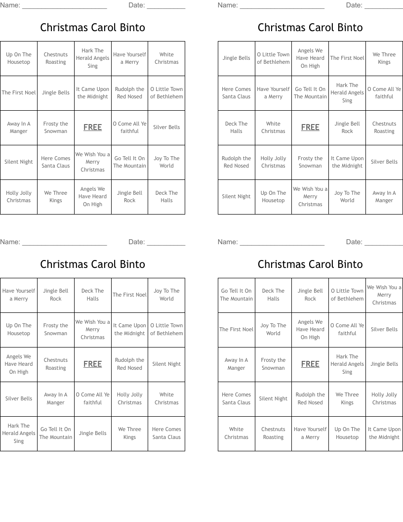 Christmas Carol Binto Bingo Cards