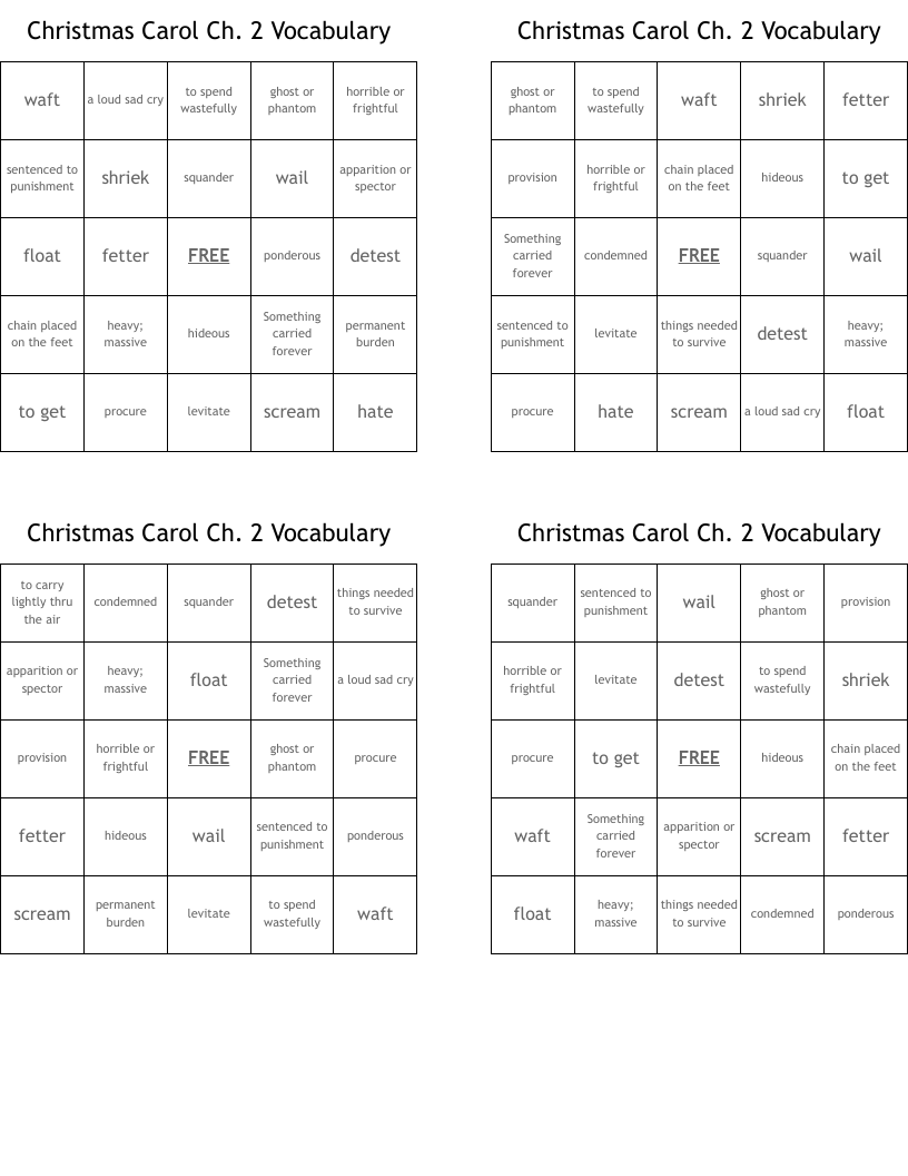 Christmas Carol Ch. 2 Vocabulary Bingo Cards