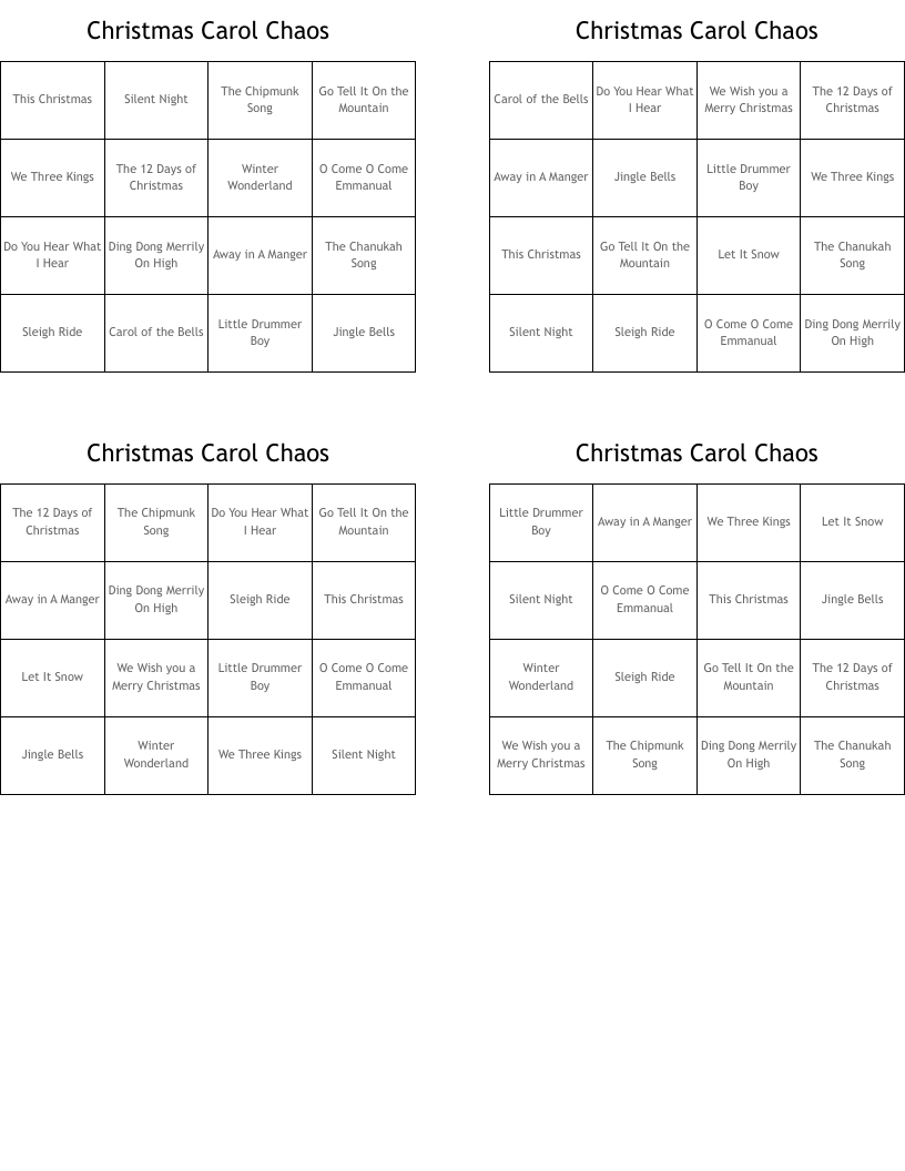 Christmas Carol Chaos Bingo Cards