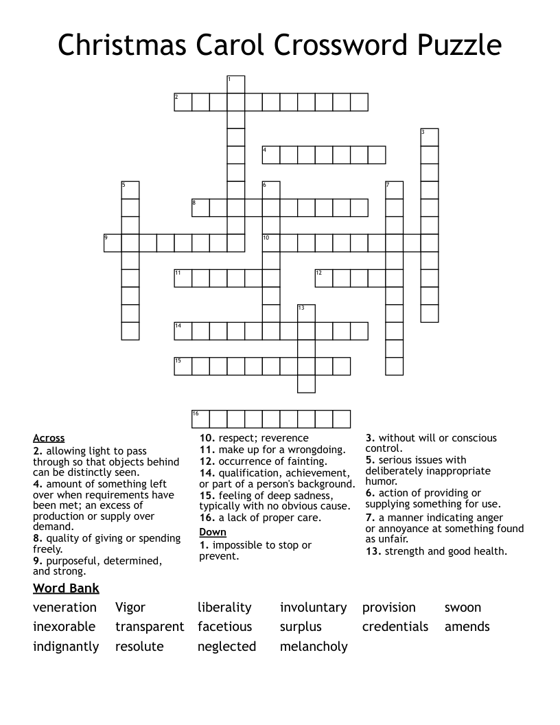 Christmas Carol Crossword Puzzle