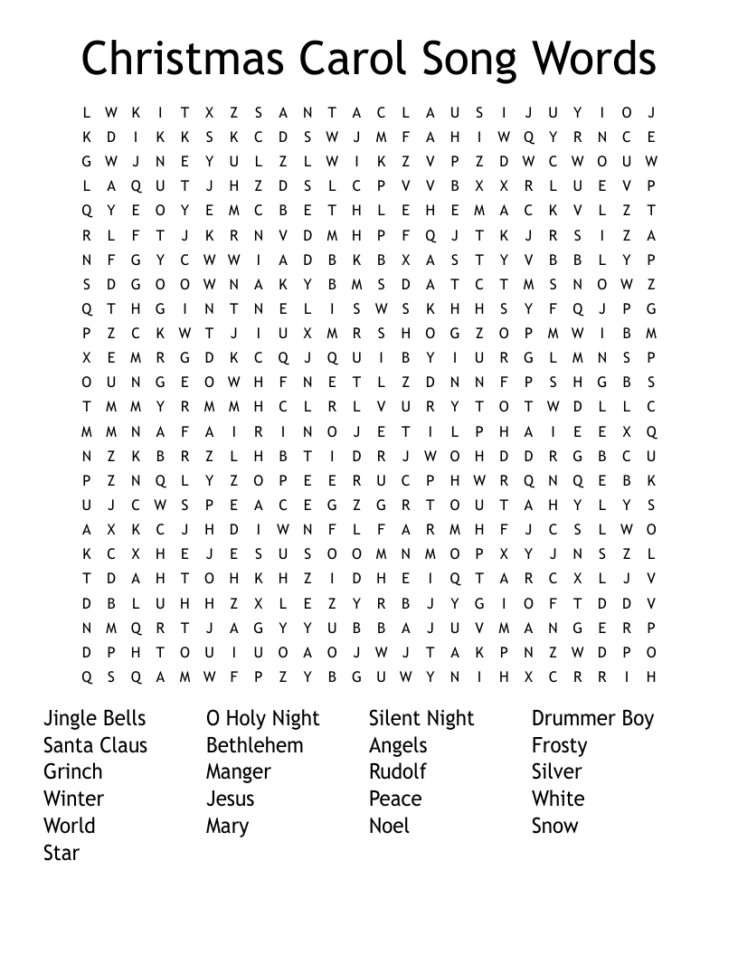 Christmas Carol Song Words Word Search