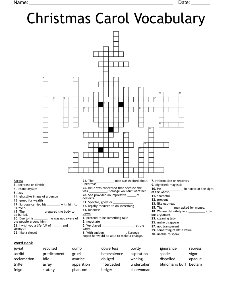Christmas Carol Vocabulary Crossword