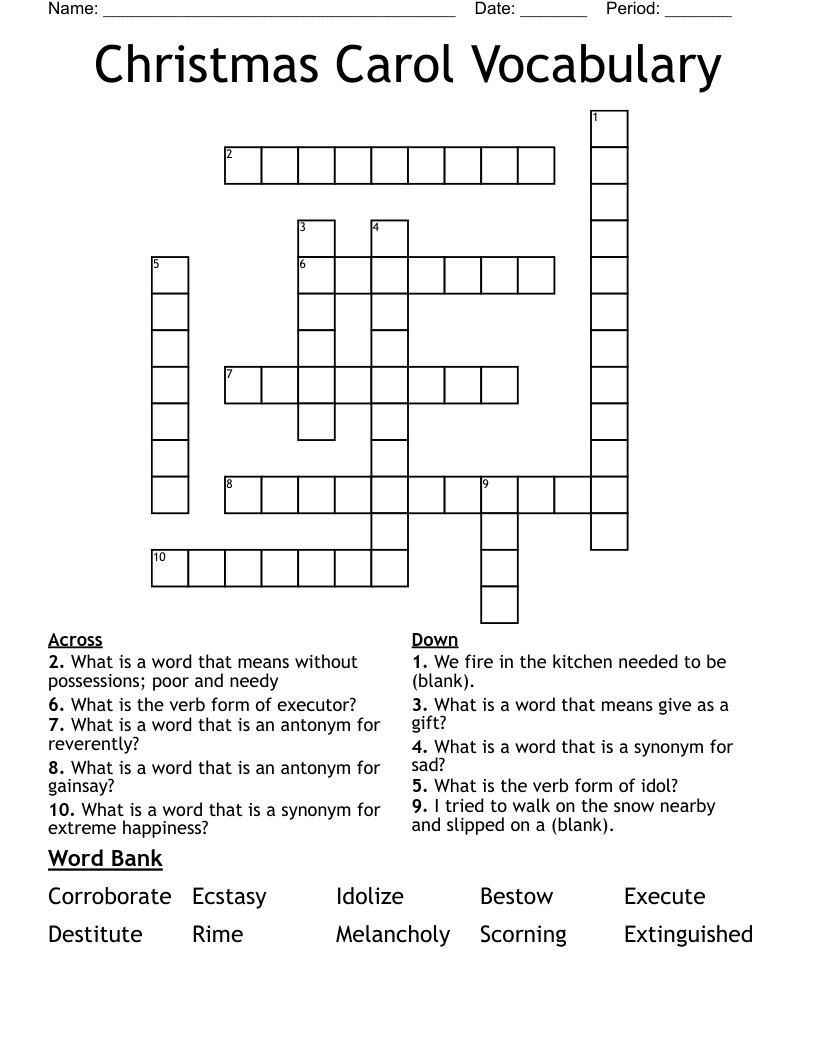 Christmas Carol Vocabulary Crossword