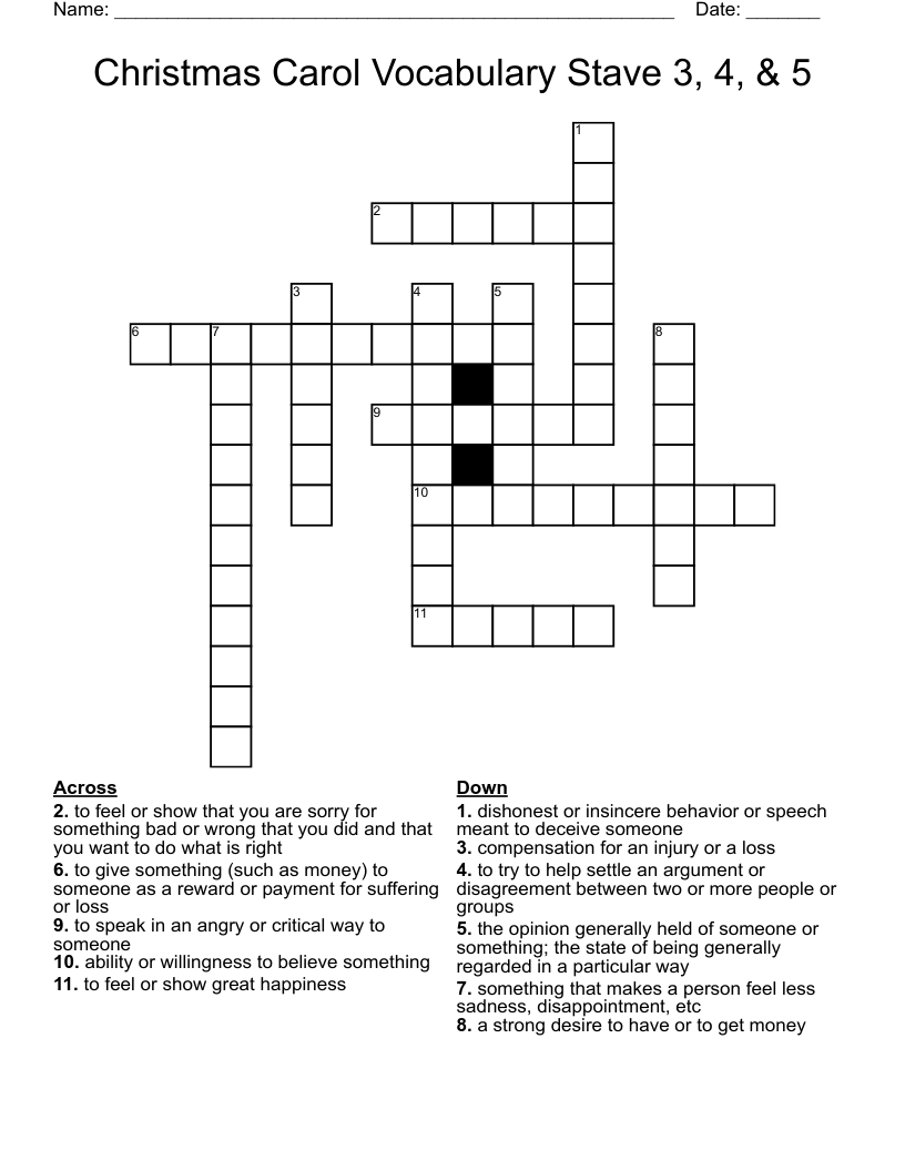 Christmas Carol Vocabulary Stave 3, 4, & 5 Crossword