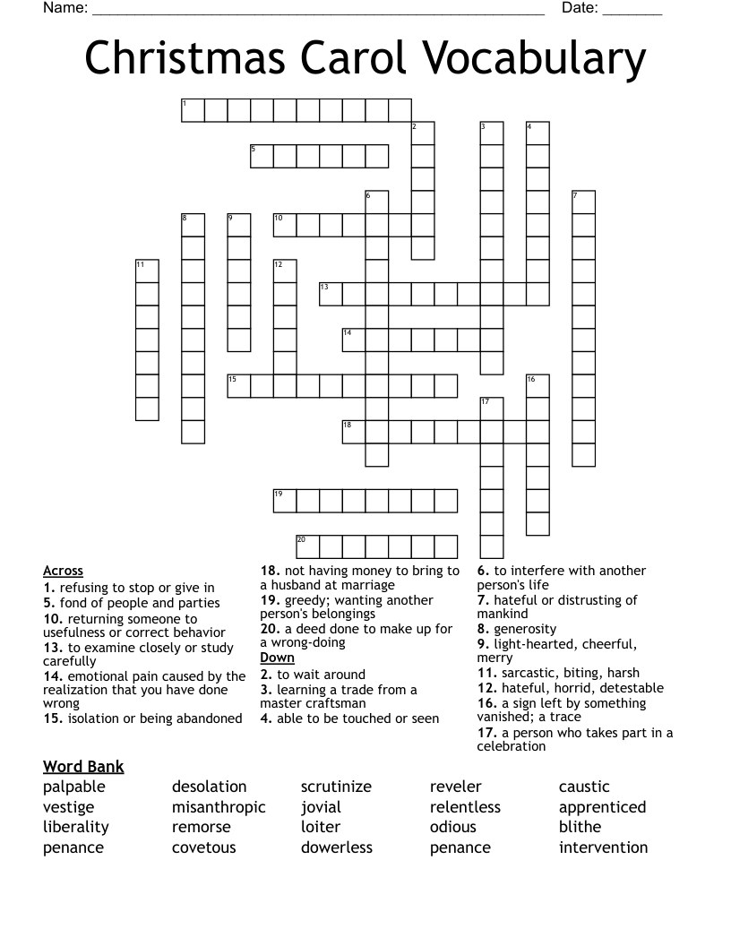 Christmas Carol Vocabulary  Crossword