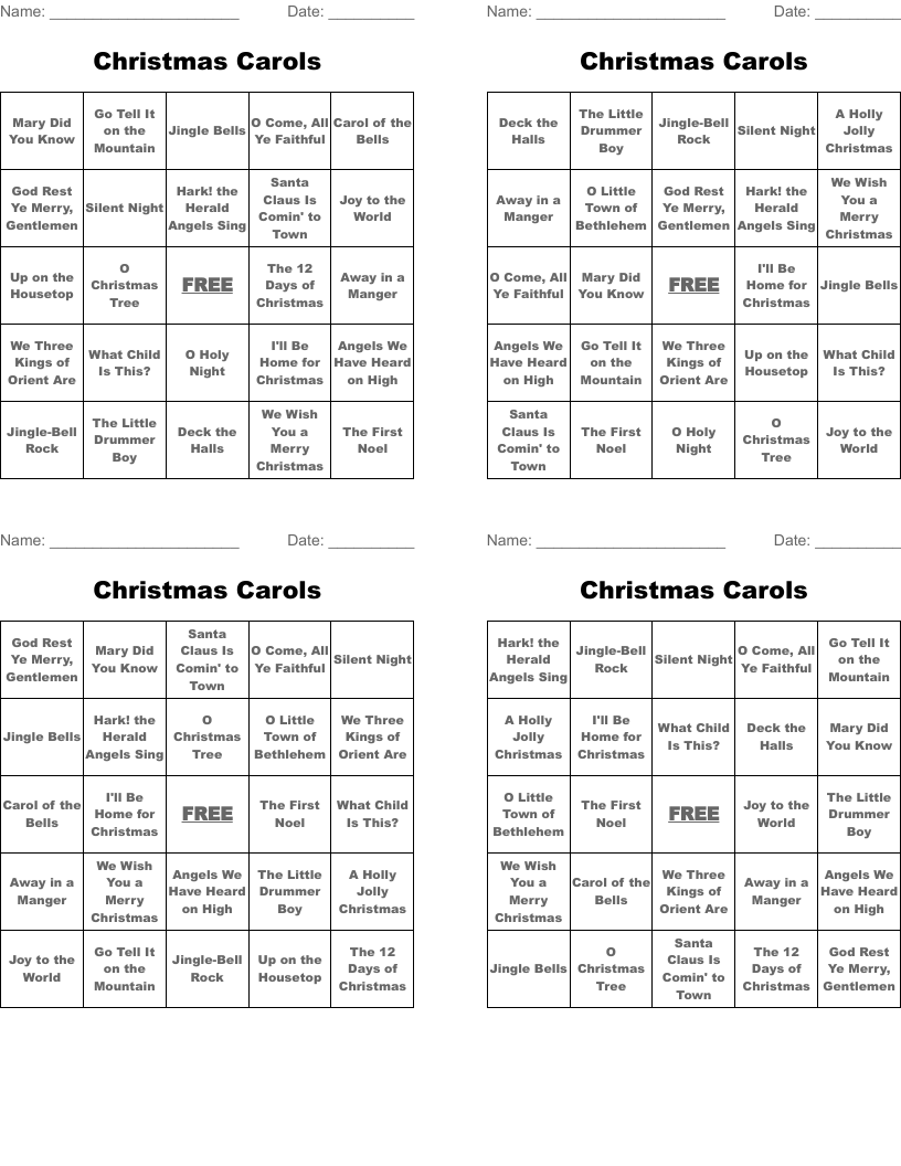 Christmas Carols Bingo Cards