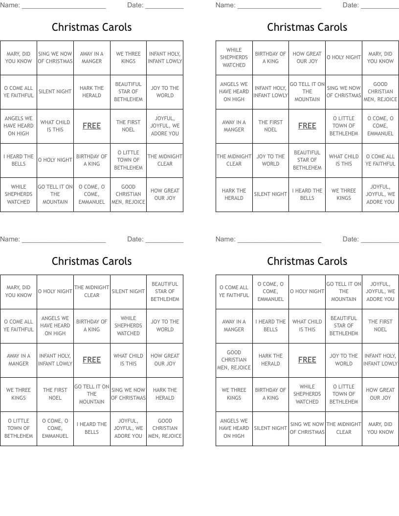 Christmas Carols Bingo Cards