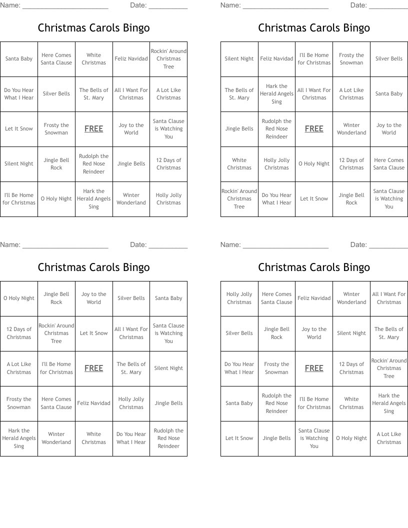 Christmas Carols Bingo