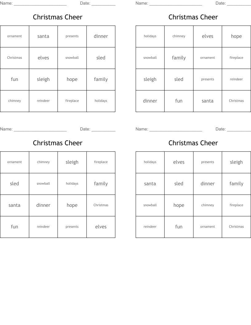 Christmas Cheer Bingo Cards