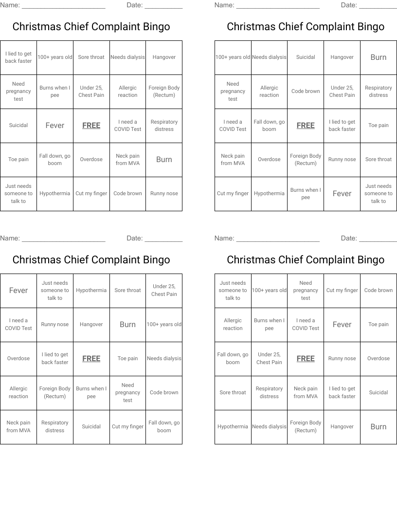 Christmas Chief Complaint Bingo