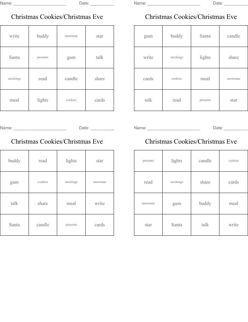 Christmas Cookies/Christmas Eve Bingo Cards
