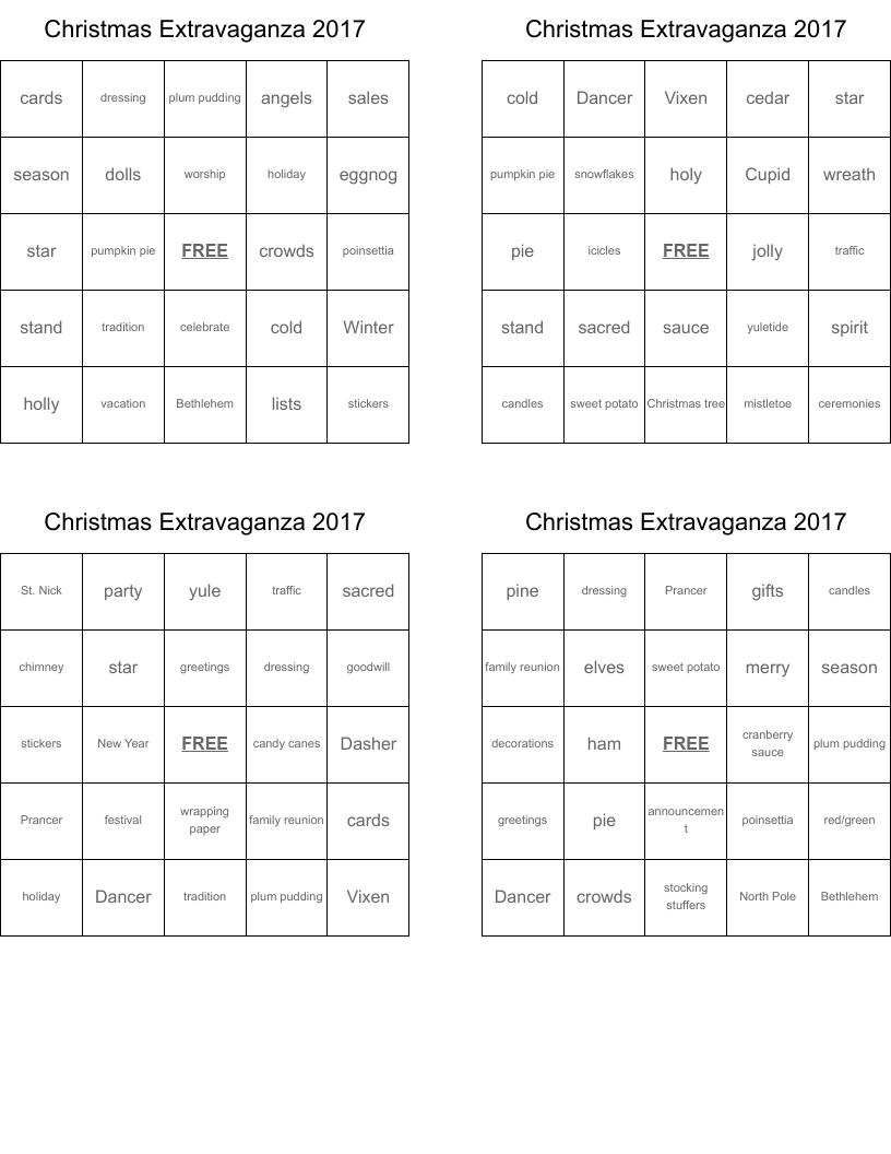 Christmas Extravaganza 2017 Bingo Cards