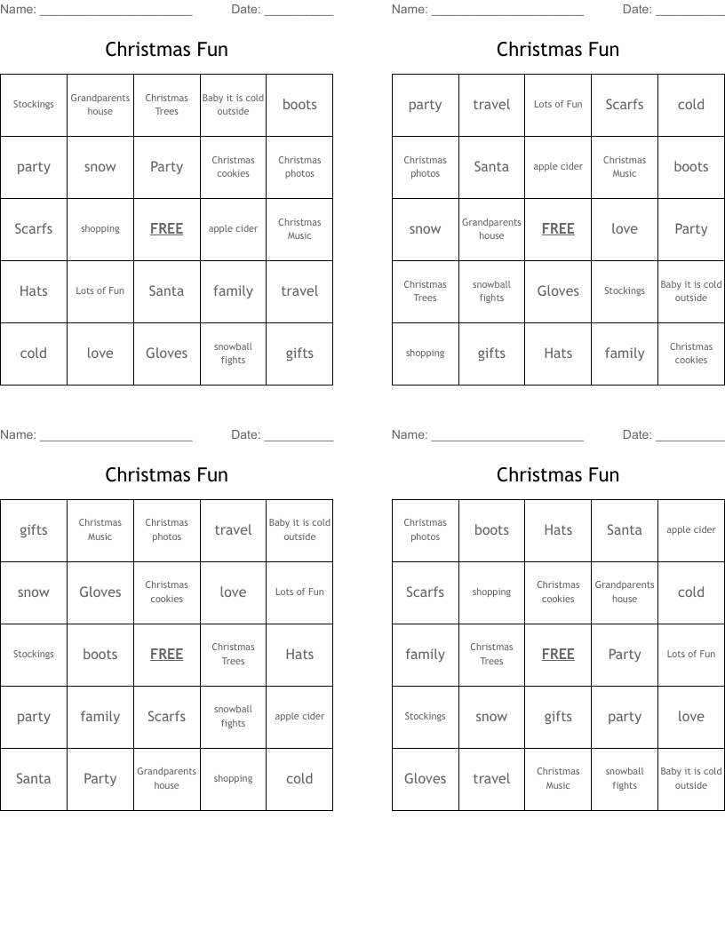 Christmas Fun Bingo Cards