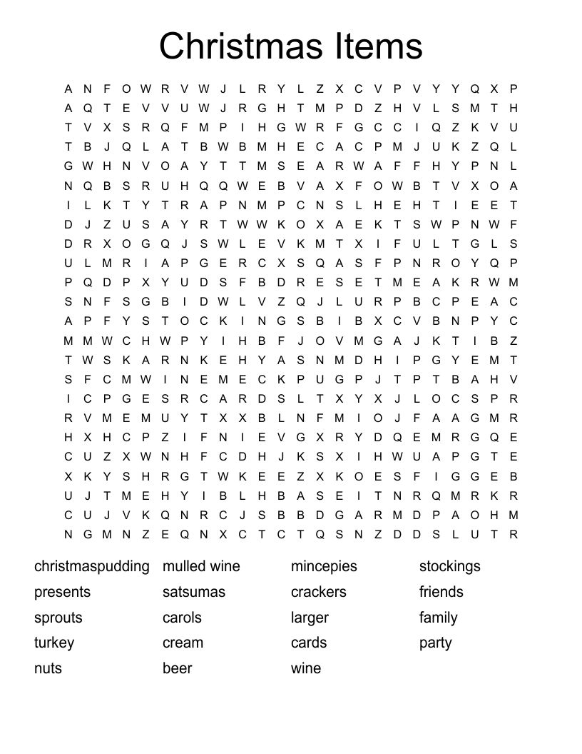 Christmas Items Word Search