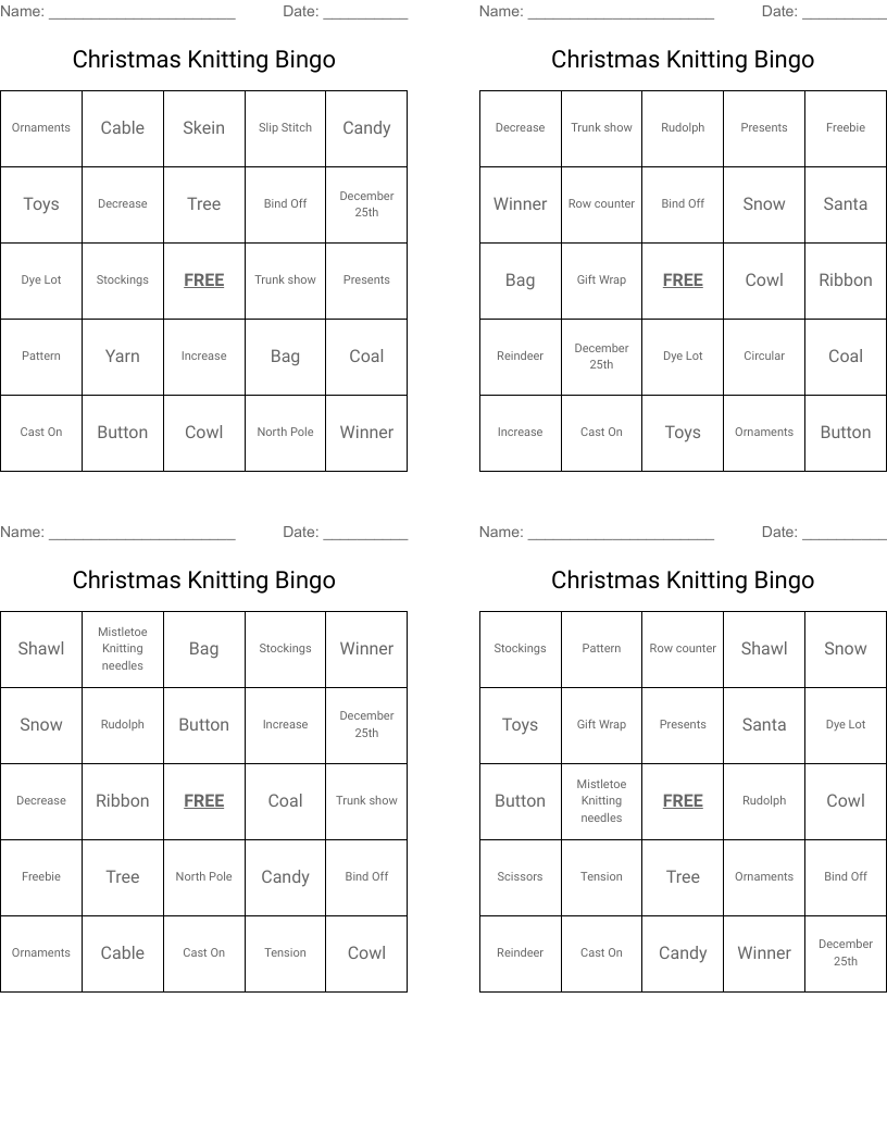 Christmas Knitting Bingo