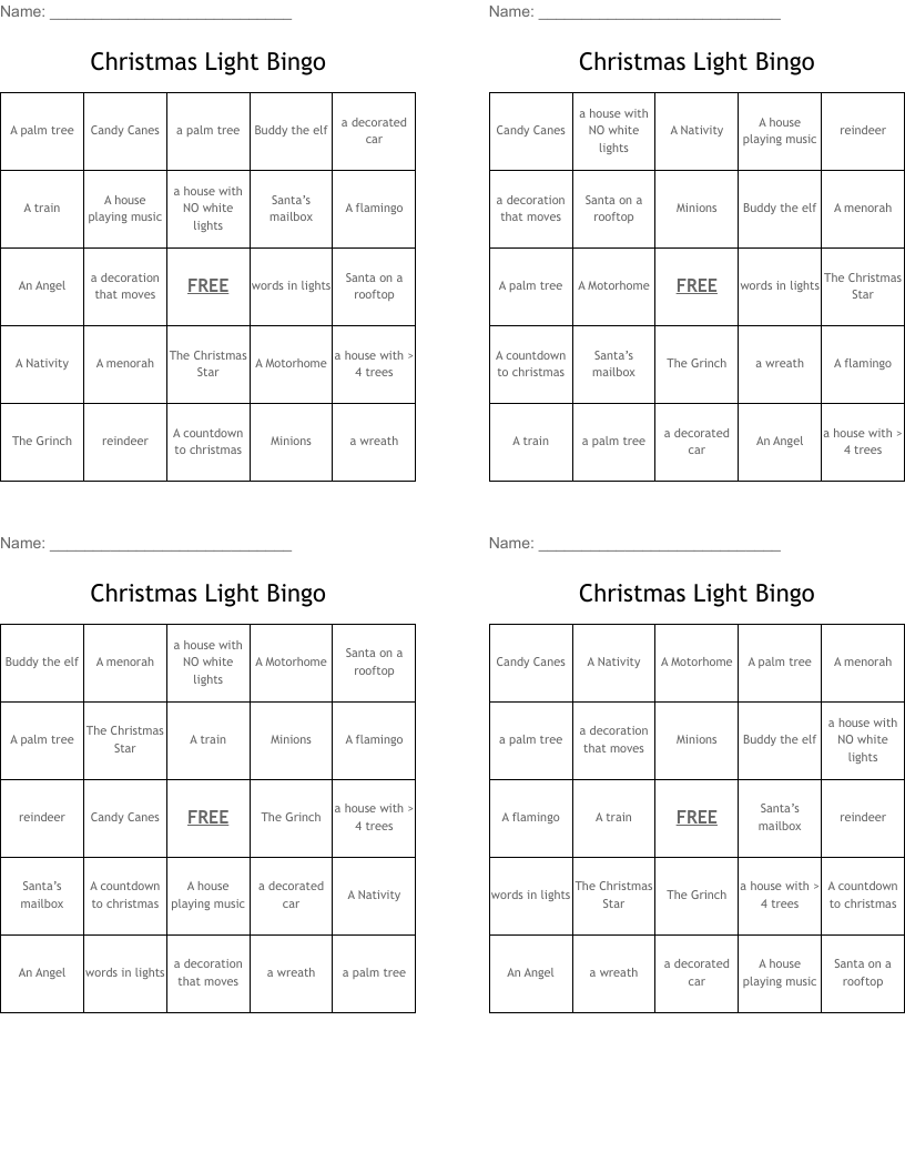 Christmas Light Bingo